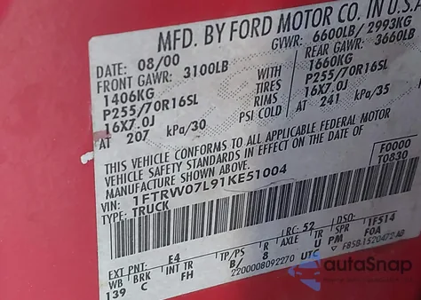 2001 Ford F-150 Supercrew Harley-Davidson/King Ranch/Lariat/Xlt из США, поврежденный, VIN 1FTRW07L91KE51004